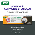Arm & Hammer Essentials toothpaste box on a gray background with headline “Whiten + Activated Charcoal” and product callout