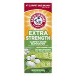 Front view of Arm & Hammer Extra Strength carpet odor eliminator packaging with flower and leaf imagery