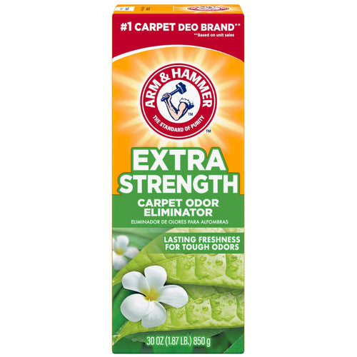 Arm & Hammer Extra Strength carpet odor eliminator box with floral and leaf graphic