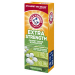 Three-quarter view of Arm & Hammer Extra Strength carpet odor eliminator box with logo and floral image