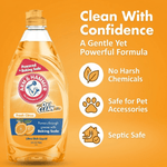 Graphic showing an Arm & Hammer + OxiClean Fresh Citrus bottle beside icons listing gentle formula, pet-safe, and septic safe.