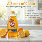 Lifestyle-style image of Arm & Hammer + OxiClean Fresh Citrus dish liquid on a counter with sliced citrus and scent claims.