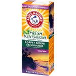 Front perspective of Arm & Hammer Fresh Scentsations carpet odor eliminator box featuring brand logo and island mist sunset scene