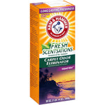 Angled view of Arm & Hammer Fresh Scentsations carpet odor eliminator Island Mist box with prominent logo and tropical sunset