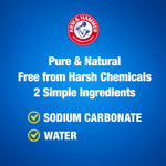 Blue infographic card with Arm & Hammer logo and text listing two ingredients: sodium carbonate and water