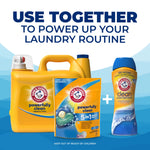 Arm & Hammer product lineup graphic showing a detergent jug, Power Paks bag and scent booster bottle with Use Together headline