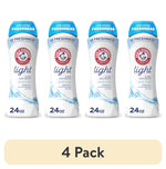 Four Arm & Hammer Light in-wash scent booster bottles in a row showing white packaging with blue caps and 24 oz label