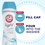 Arm & Hammer Light bottle with step-by-step icons and text instructing to fill cap then pour into the washer