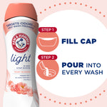 Instructional graphic showing Arm & Hammer Light bottle and two steps: fill cap then pour into every wash