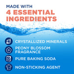 Ingredient graphic listing four essentials including peony blossom fragrance and pure baking soda
