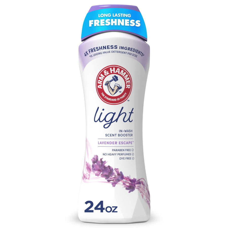 Tall Arm & Hammer Light in-wash scent booster bottle with lavender imagery and purple cap on white background