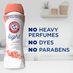 Arm & Hammer Light peony blossom bottle beside text listing ‘No heavy perfumes, No dyes, No parabens’
