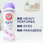 Arm & Hammer Light scent booster bottle with lavender flowers and text listing no heavy perfumes, no dyes, no parabens