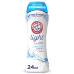 Tall white Arm & Hammer Light in-wash scent booster bottle with blue cap and water swirl graphic