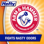 Arm & Hammer circular logo on sunburst background with Hefty logo and banner reading fights nasty odors