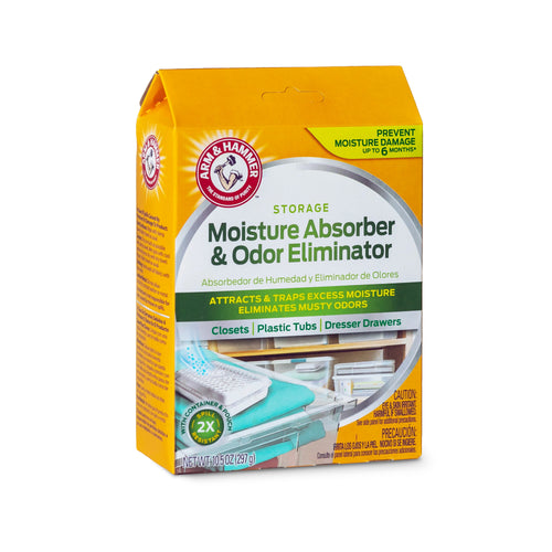 Arm & Hammer boxed moisture absorber and odor eliminator storage pouch product packaging on white background