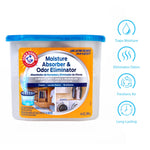 Product front with Arm & Hammer moisture absorber tub and icons to the right illustrating traps moisture, eliminates odors, freshens air