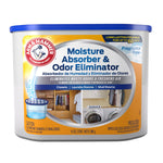 Arm & Hammer Moisture Absorber & Odor Eliminator tub with blue lid and product label showing closet and laundry room scenes
