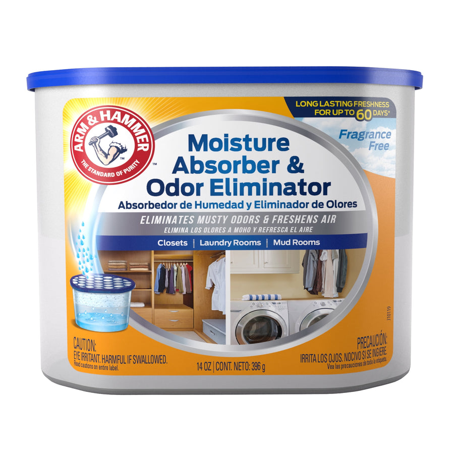 Arm & Hammer Moisture Absorber & Odor Eliminator tub with blue lid and product label showing closet and laundry room scenes