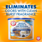 Arm & Hammer Moisture Absorber tub centered on orange burst background with text about eliminating odors and clean burst fragrance