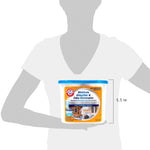 Silhouette scale image showing a person holding an Arm & Hammer moisture absorber tub with a 5.5 in height callout