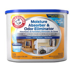 Arm & Hammer Moisture Absorber & Odor Eliminator tub with blue lid and product label showing closet and laundry room scenes