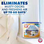 Product lifestyle image of Arm & Hammer Moisture Absorber tub on a windowsill with large text about eliminating musty odors