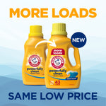 Promotional graphic showing two yellow Arm & Hammer detergent bottles with 'more loads' text and 'same low price' headline.
