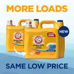 Promotional image showing two yellow Arm & Hammer clean burst detergent jugs with text More Loads and Same Low Price