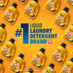 Patterned layout of multiple yellow ARM & HAMMER detergent bottles surrounding bold text '#1 Liquid Laundry Detergent Brand'.