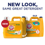Promotional graphic showing new and old yellow Arm & Hammer Sensitive Skin detergent packaging with 'new look' headline