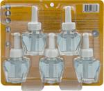 Rear view of Arm & Hammer plug-in refill blister pack showing five clear refill bottles and printed back panel text and barcode.