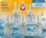 Packaged Arm & Hammer plug-in scented oil refills with five clear refill bottles on ocean-themed backing card.
