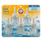 Arm & Hammer Ocean Breeze plug-in oil refill blister pack showing five clear refill bottles on blue water background.