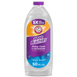 Clear plastic bottle of ARM & HAMMER Odor Blasters fabric rinse with purple label and cap