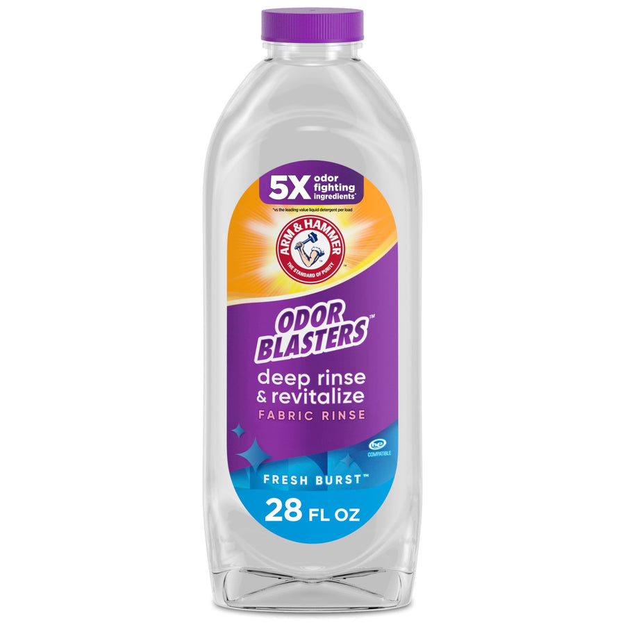 Clear plastic bottle of ARM & HAMMER Odor Blasters fabric rinse with purple label and cap, fresh burst styling