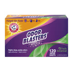 Angled product shot of Arm & Hammer Odor Blasters Fresh Botanical dryer sheets box showing packaging artwork and 120 count text.
