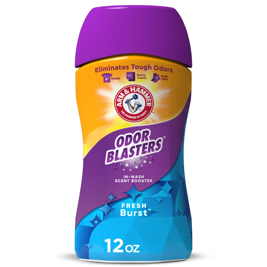 Arm & Hammer Odor Blasters in-wash scent booster bottle with purple cap and Fresh Burst label, 12 oz packaging.