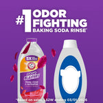 Promotional graphic showing ARM & HAMMER Odor Blasters bottle with text '#1 odor fighting baking soda rinse' on purple background