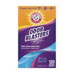 Tall vertical Arm & Hammer Odor Blasters box image with purple and orange design and Fresh Burst label showing 120 dryer sheets.