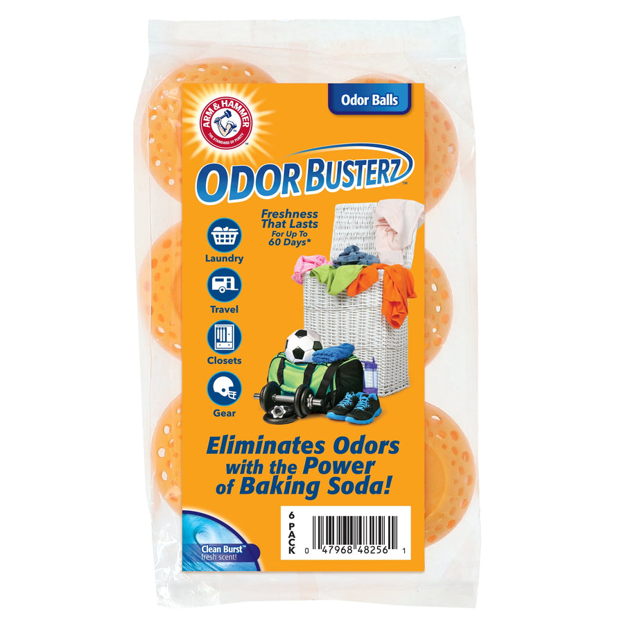Clear retail bag of Arm & Hammer Odor Busterz orange odor balls with product label and icons