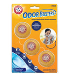 Flat lay of Arm & Hammer Odor Busterz three‑pack retail card with branding, product images and usage icons.