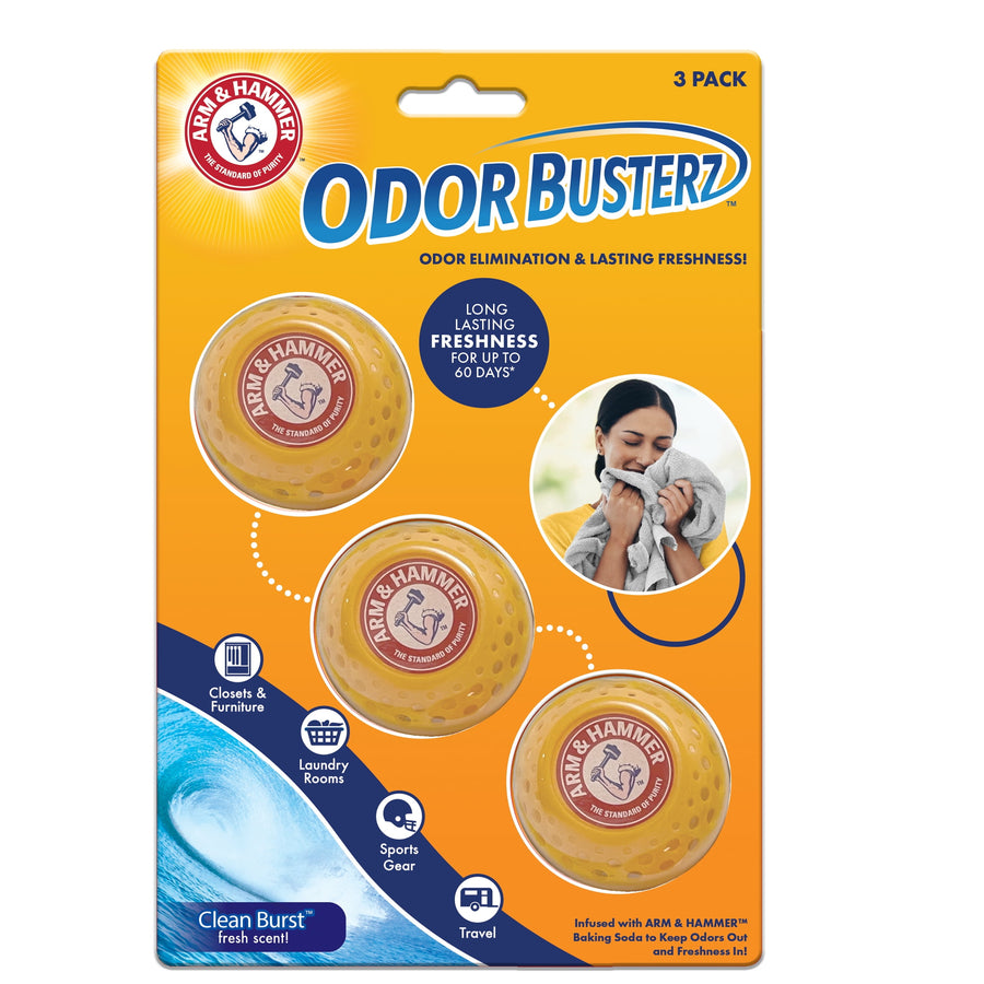 Flat lay of Arm & Hammer Odor Busterz three‑pack retail card with branding, product images and usage icons.