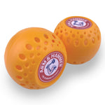 Two orange vented Arm & Hammer Odor Busterz balls angled together on a white background showing logos.