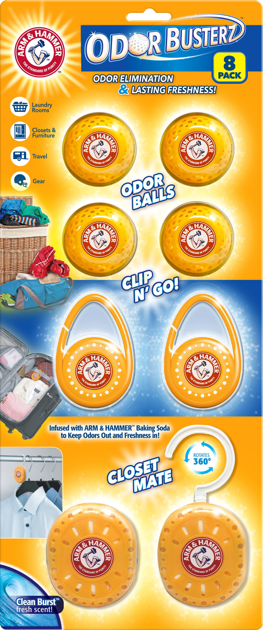 Arm & Hammer Odor Busterz retail card showing four orange odor balls, two clip-on deodorizers and two closet mate hangers on bright packaging.