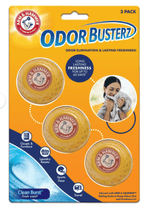 Arm & Hammer Odor Busterz retail card showing three orange vented odor‑eliminating balls and product branding.