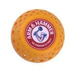 Top view close-up of a single orange Arm & Hammer Odor Busterz vented ball with the circular brand emblem.