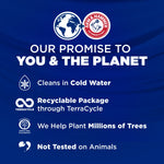 Blue informational panel with ARM & HAMMER logo and sustainability claims like recyclable packaging and not tested on animals