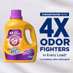 Single yellow Arm & Hammer plus OxiClean detergent bottle with purple cap beside large text highlighting concentrated 4X odor fighters.