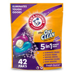Front-facing pouch of ARM & HAMMER plus OxiClean 5-in-1 Power Paks packaging with product logo and colorful pod graphic